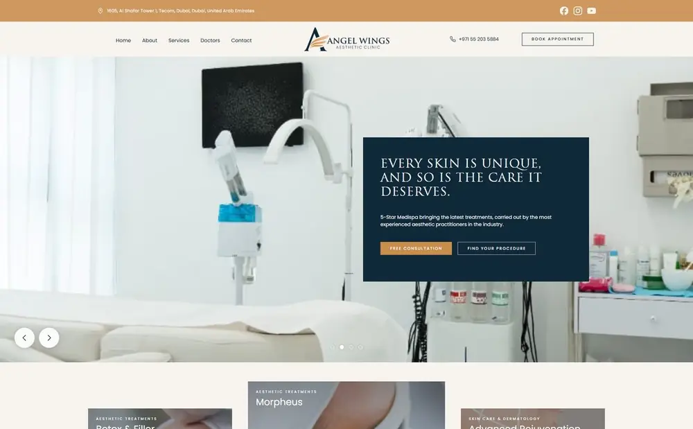 Custom WordPress theme homepage built for Angel Wings Aesthetic Clinic in Dubai