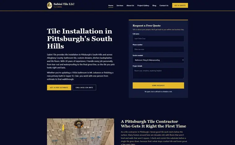 Lightweight WordPress theme for Sabini Tile LLC, a masonry and tile contractor