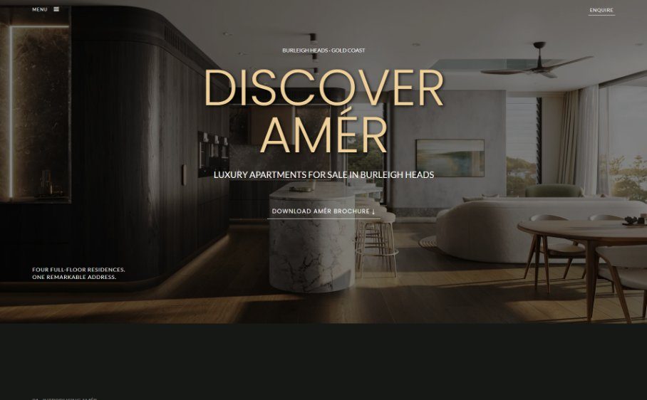 Webflow landing page for AMÉR Burleigh apartments, Australia