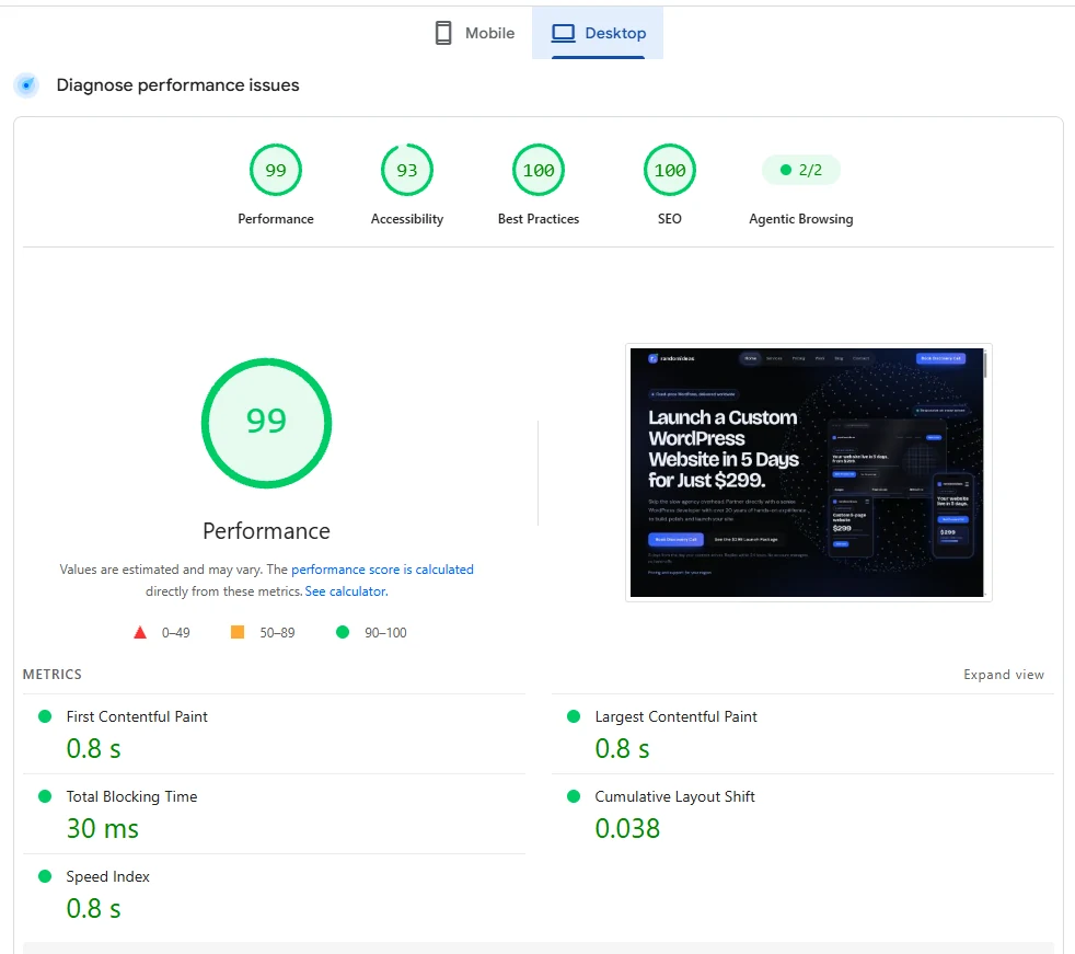 PageSpeed Insights desktop report for the randomideas homepage: Performance 99, Accessibility 93, Best Practices 100, SEO 100