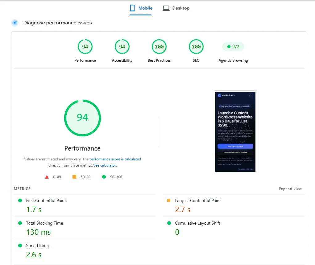 PageSpeed Insights mobile report for the randomideas homepage: Performance 94, Accessibility 94, Best Practices 100, SEO 100